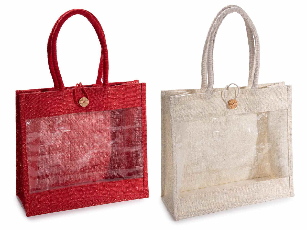 Borse in juta colorata con lurex oro, finestra trasparente, manici e bottone, set da 4 pezzi, cm 38x15x35 H (con manici 60)