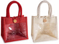 Borsette in juta colorata con lurex oro, finestra trasparente, manici, set da 4 pezzi, cm21x15,5x20H (con manici34)