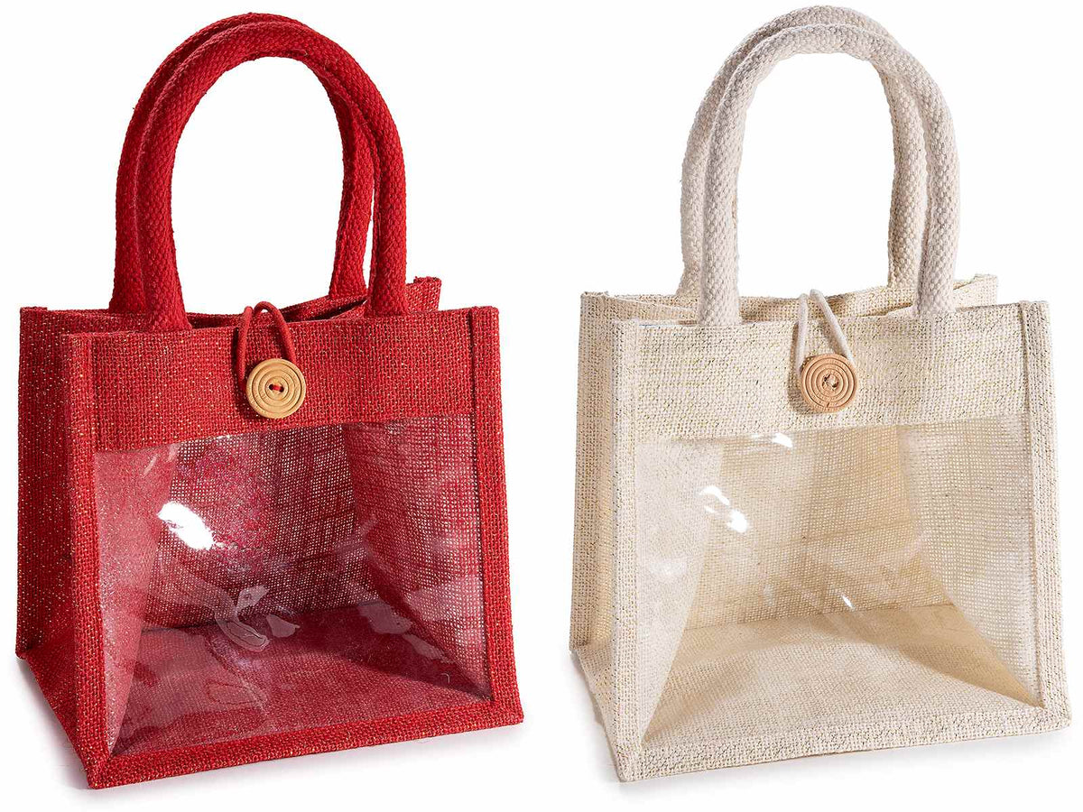 Borsette in juta colorata con lurex oro, finestra trasparente, manici, set da 4 pezzi, cm21x15,5x20H (con manici34)