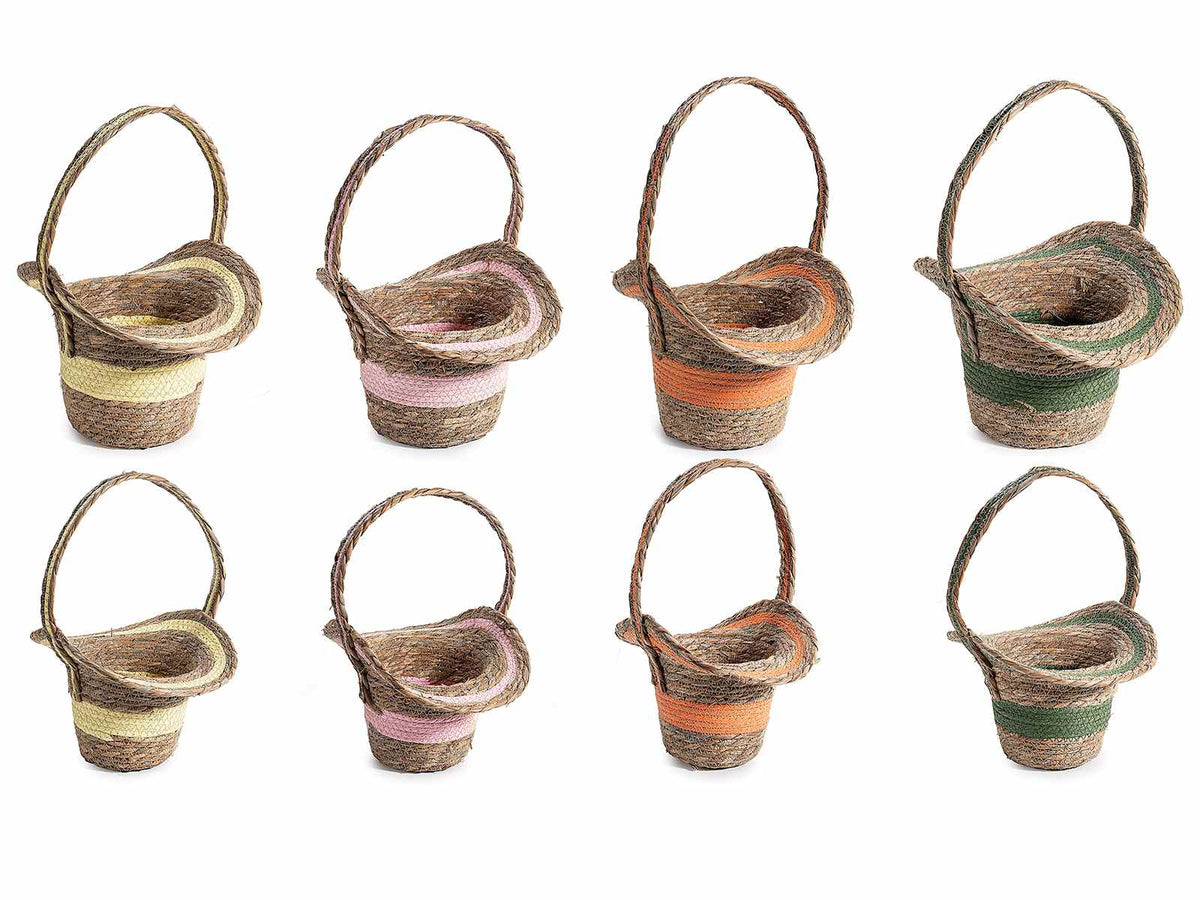 Cestini in fibra intrecciata a cappello con manico e decorati con fettuccia, set da 4 pezzi, Grande: cm 31 x 24 x 21 H