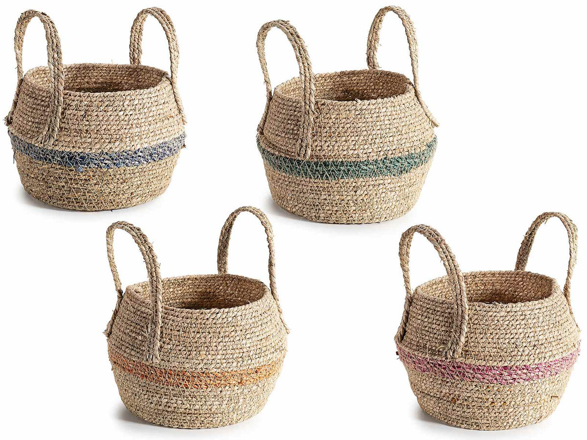 Cestini in fibra intrecciata naturale con manici e decoro colorato, set da 8 pezzi, Ø16,5cmx11H (con manici17)