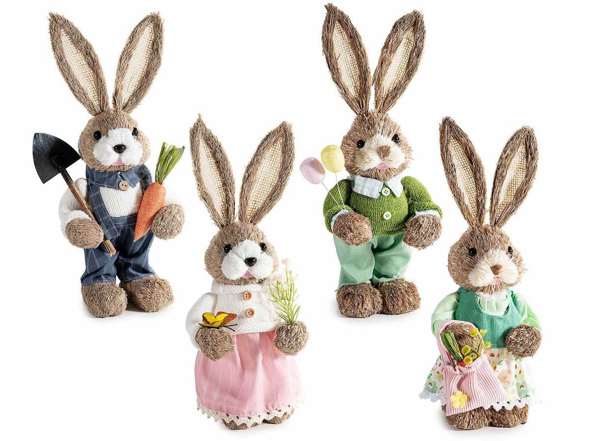 Coniglietti di Pasqua in fibra naturale con abito in stoffa e decori floreali, set da 4 pezzi, cm12x11x33H (orecc.estese)