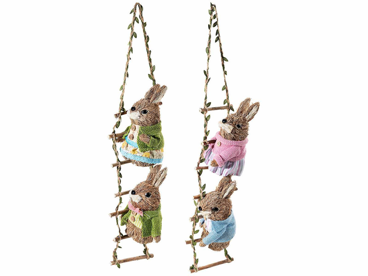 Decorazioni per vetrina di Pasqua con conigli in fibra naturale su scala, set da 2 pezzi, cm 10 x 7,5 x 55 H