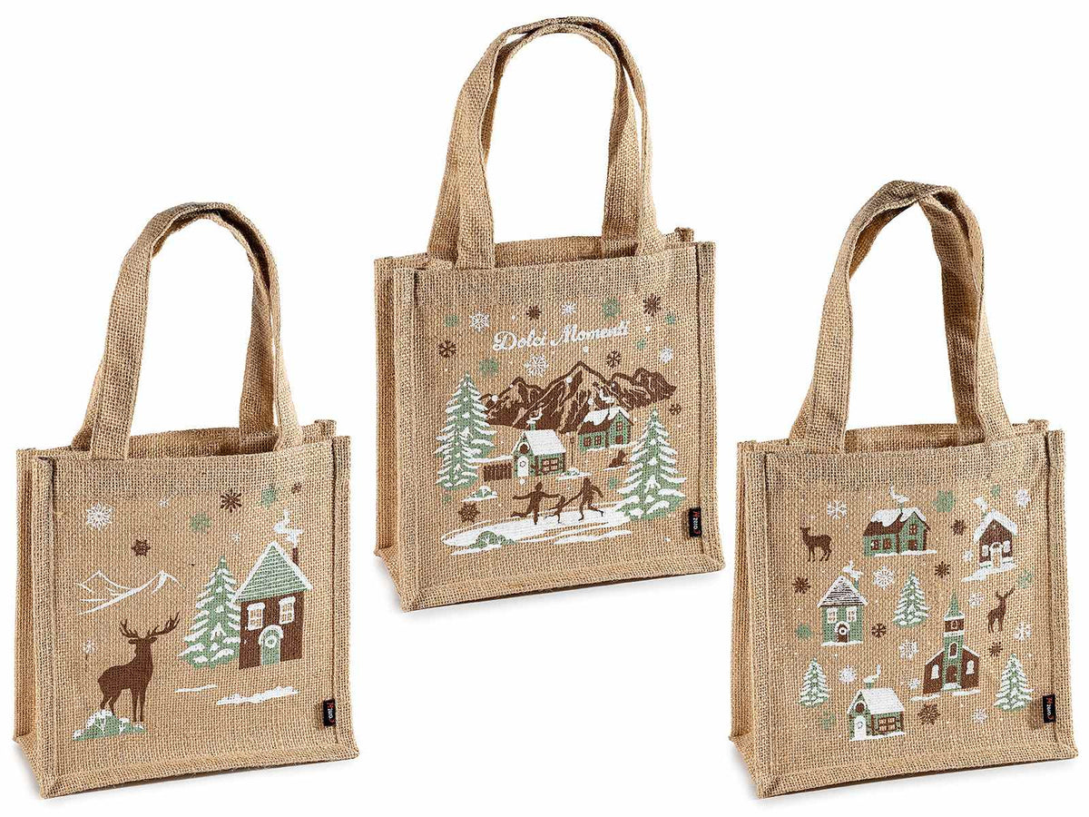 Borsette natalizie in juta con manici e stampa villaggio natalizio, set da 6 pezzi, cm 22x10x22 H (con manici38)
