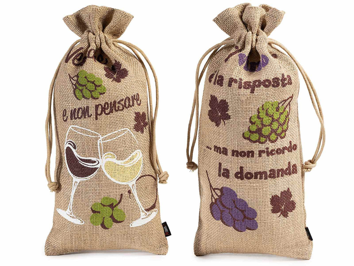 Sacchetti regalo in juta con tirante e stampa uva e vino, set da 10 pezzi, cm 16x34 H (al tirante 28)