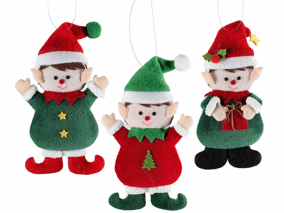Elfi di Natale in panno da appendere con decori in rilievo, set da 12 pezzi, cm 7,5 x 13 H