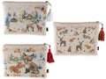 Pochette / astucci in stoffa con stampa animaletti del bosco e nappina colorata, set da 6 pezzi, cm 23 x 17 H