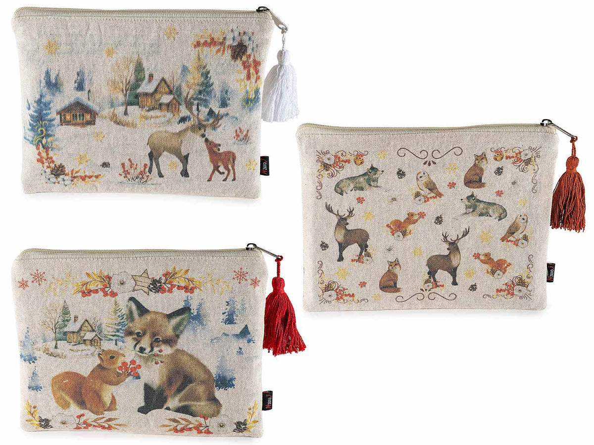 Pochette / astucci in stoffa con stampa animaletti del bosco e nappina colorata, set da 6 pezzi, cm 23 x 17 H