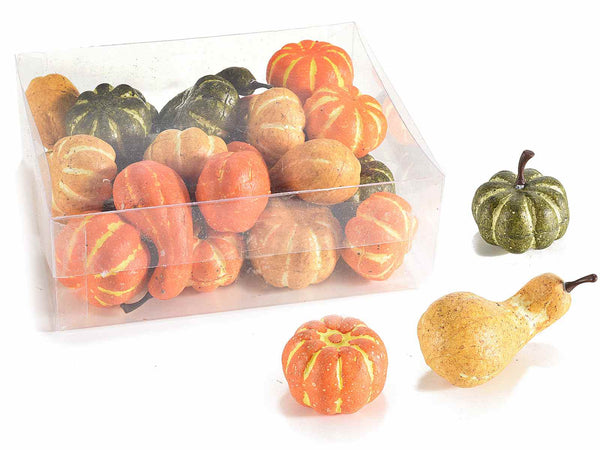 Zucche decorative artificiali in scatola da 24 pezzi, perfette per decorazioni, set da 4 pezzi, Da: Ø 3x2,5 H a: Ø 2,5x6 H
