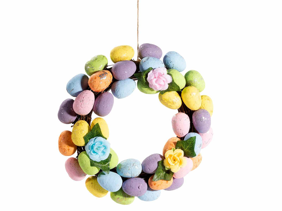 Ghirlande pasquali di uova colorate spazzolate oro / argento con fiori, set da 6 pezzi, Ø 25 cm - Interno: Ø 10