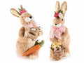 Coniglietti pasquali in fibra naturale con fiocco, fiori, carotina e cesto, set da 2 pezzi, cm14x22x40H (orecc.estese)