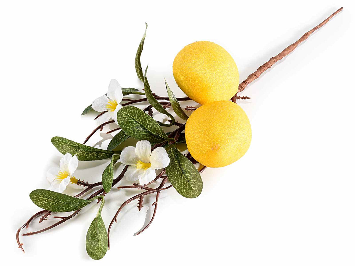 Rametti di limoni artificiali decorativi con fiorellini e foglie, set da 6 pezzi, cm 20 H (con gambo 32)