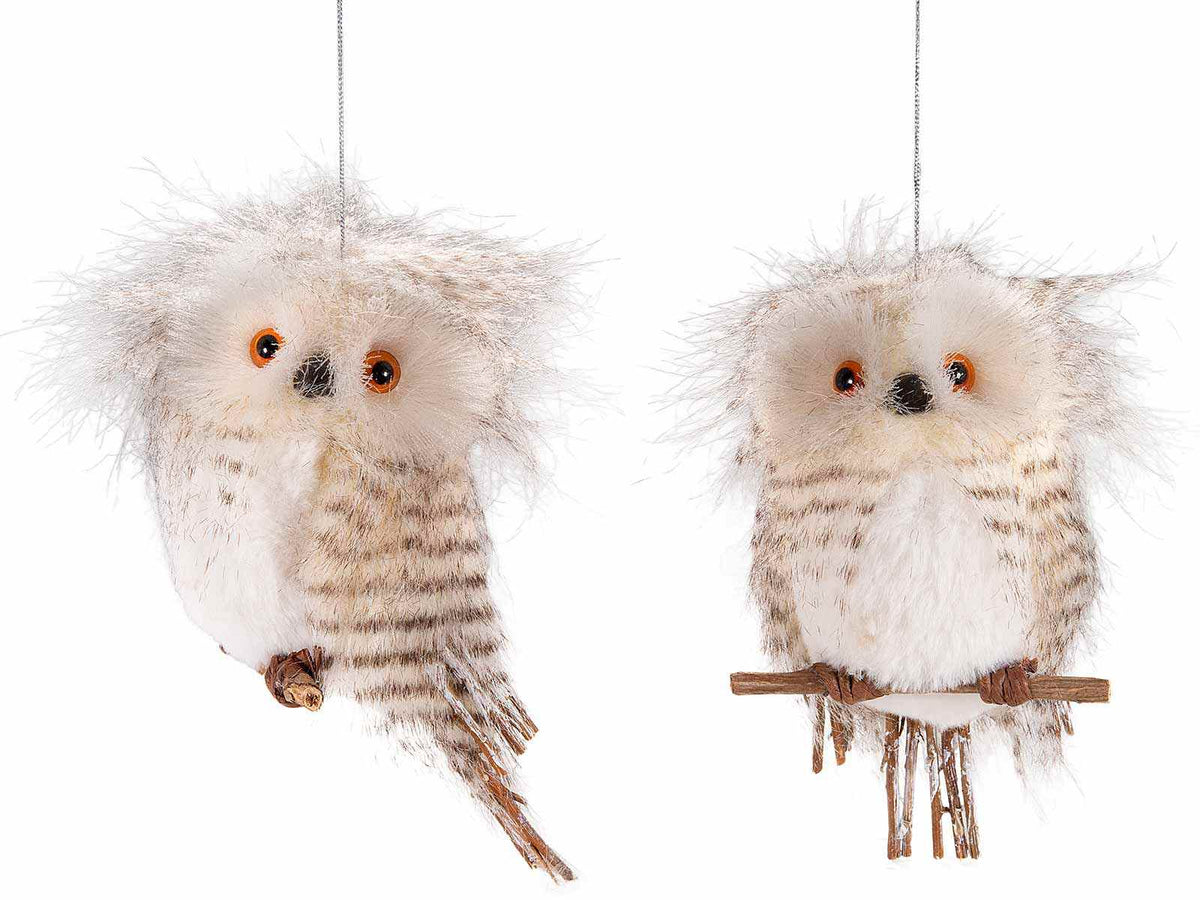 Gufetti autunnali in morbida eco-fur poggiati su rametto, da appendere, set da 4 pezzi, cm 10 x 8 x 18 H