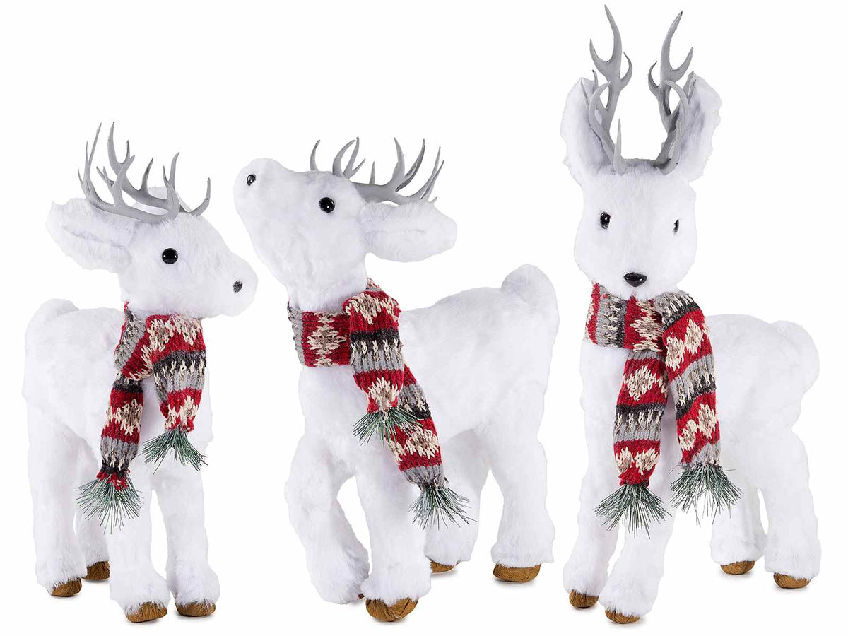 Renne di Natale decorative in morbida eco-fur con sciarpa in maglia, Grande: cm 24 x 13 x 48 H