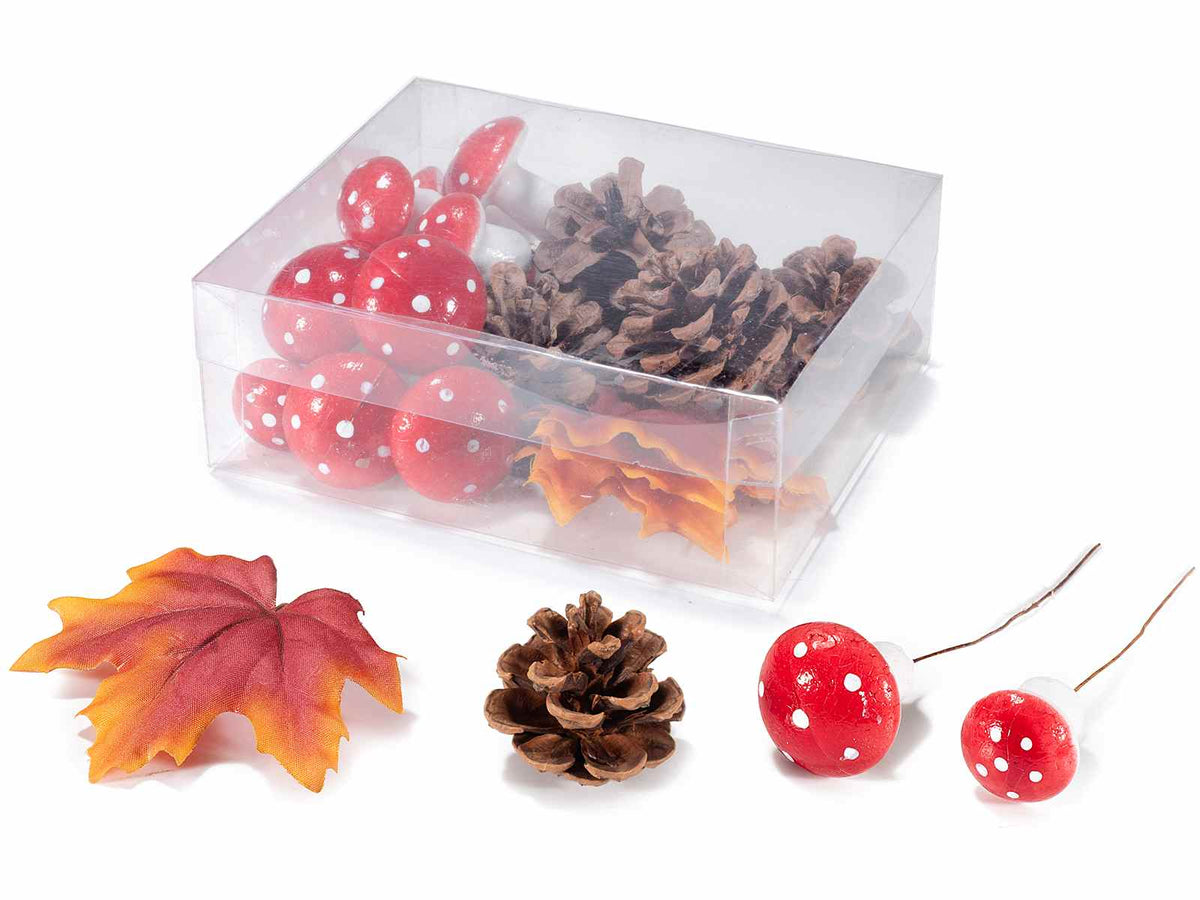 Decorazioni autunnali: foglie, funghi, pigne in scatola da 20 pezzi, set da 4 pezzi, Pigna: Ø 5 x 4,5 H