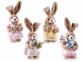 Coniglietti pasquali in peluche con abito a quadretti e decoro in mano, set da 4 pezzi, cm15x11x33H (orecc.estese)