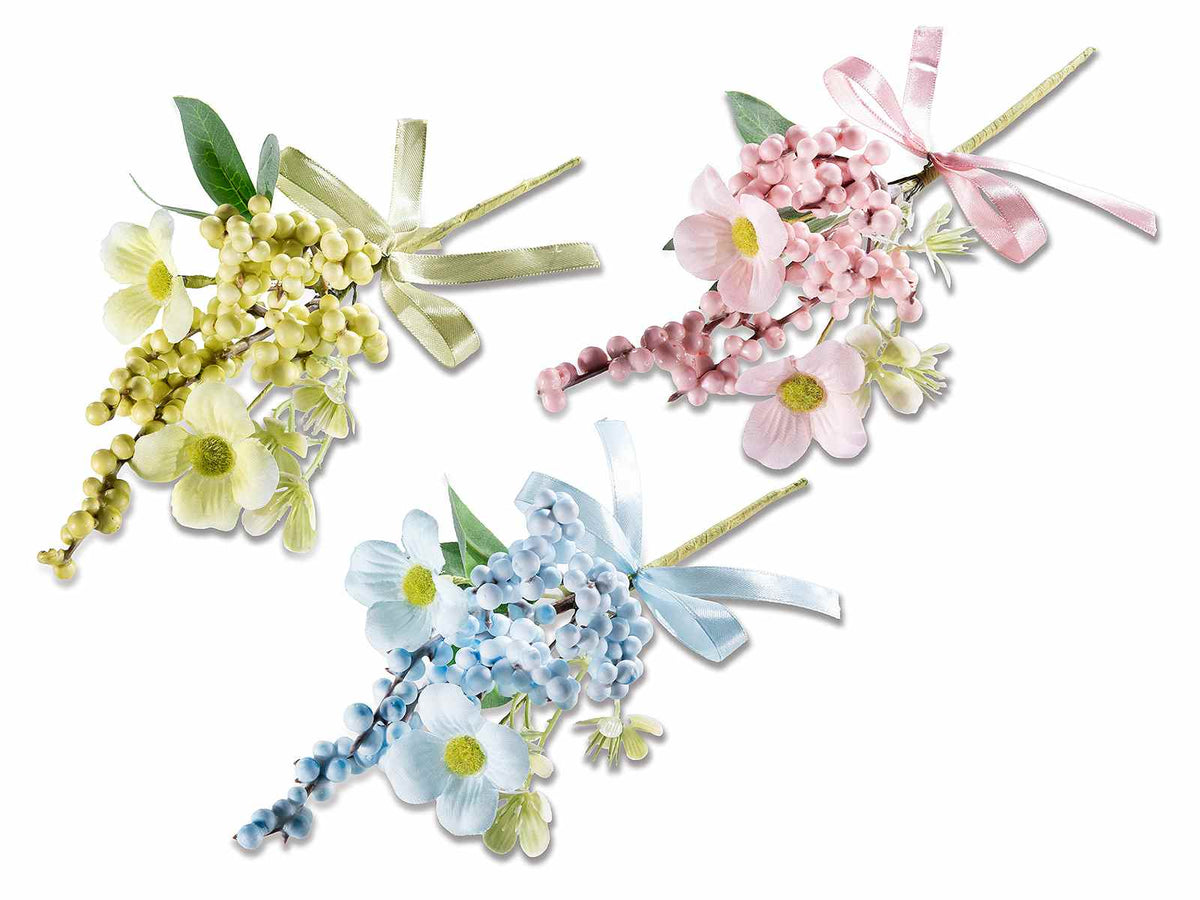 Mazzolini pick / chiudipacco colorati di fiori e bacche artificiali con fiocco, set da 18 pezzi, cm 14 H (con gambo 23)