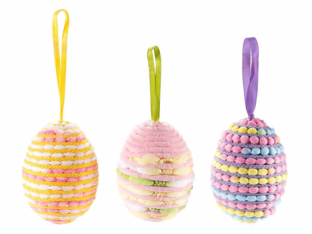 Decorazioni ad ovetto di Pasqua da appendere in morbida stoffa colorata, set da 12 pezzi, Ø 9 cm x 12 H