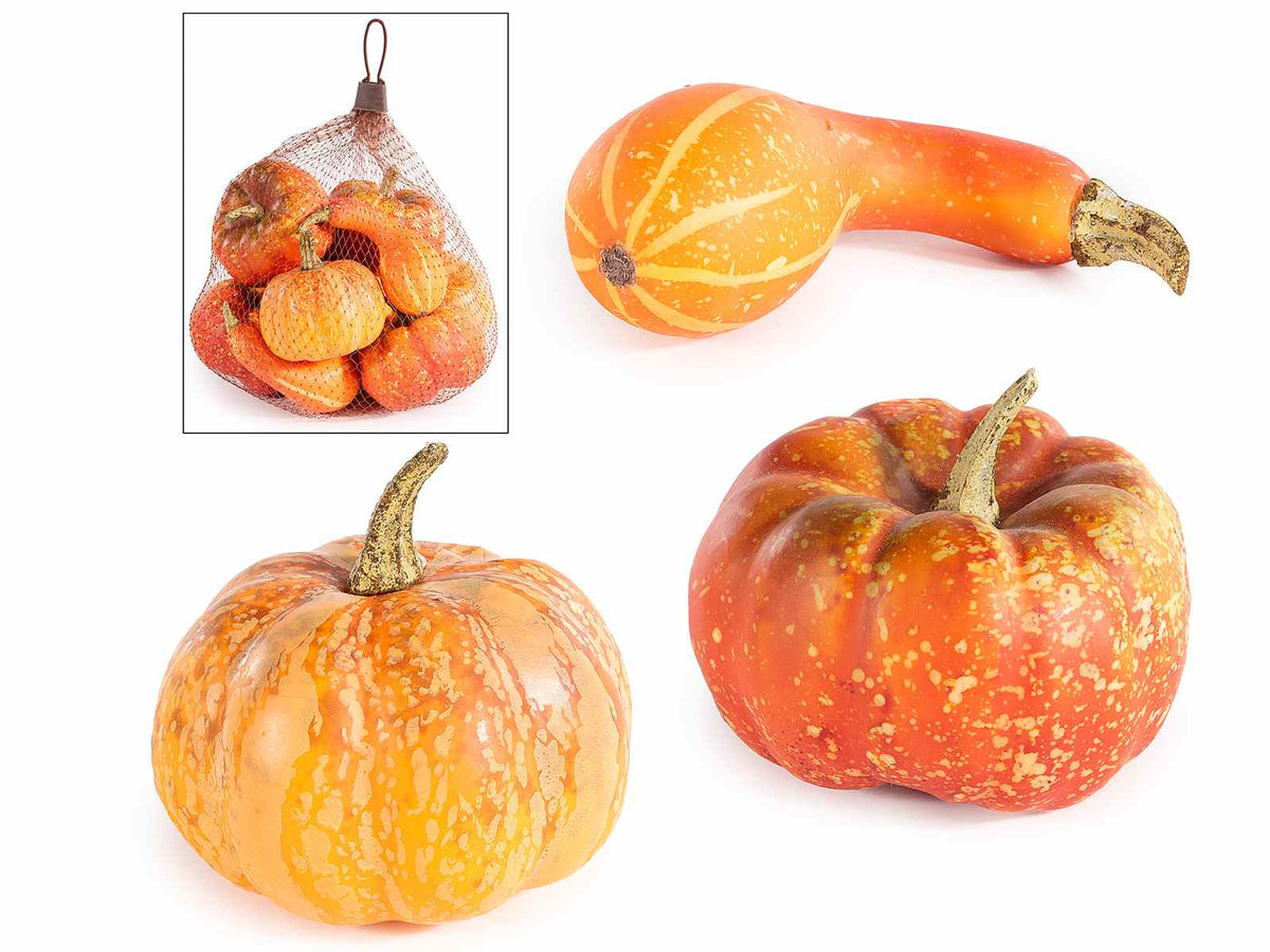 Zucche artificiali decorative dentro a confezione a sacchetto di rete da 12, set da 3 pezzi, Zucca: Ø 6,5 cm x 6,5 H