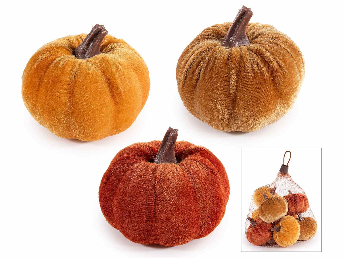Confezione di piccole zucche artificiali in velluto in sacchetto a rete da 8, set da 4 pezzi, Zucca: Ø 6,5 cm x 5,5 H