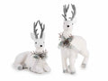 Renne in floccato bianco con decorazione fiocchetto e pigne e decori glitter, In piedi: cm 25x9x35,5 H