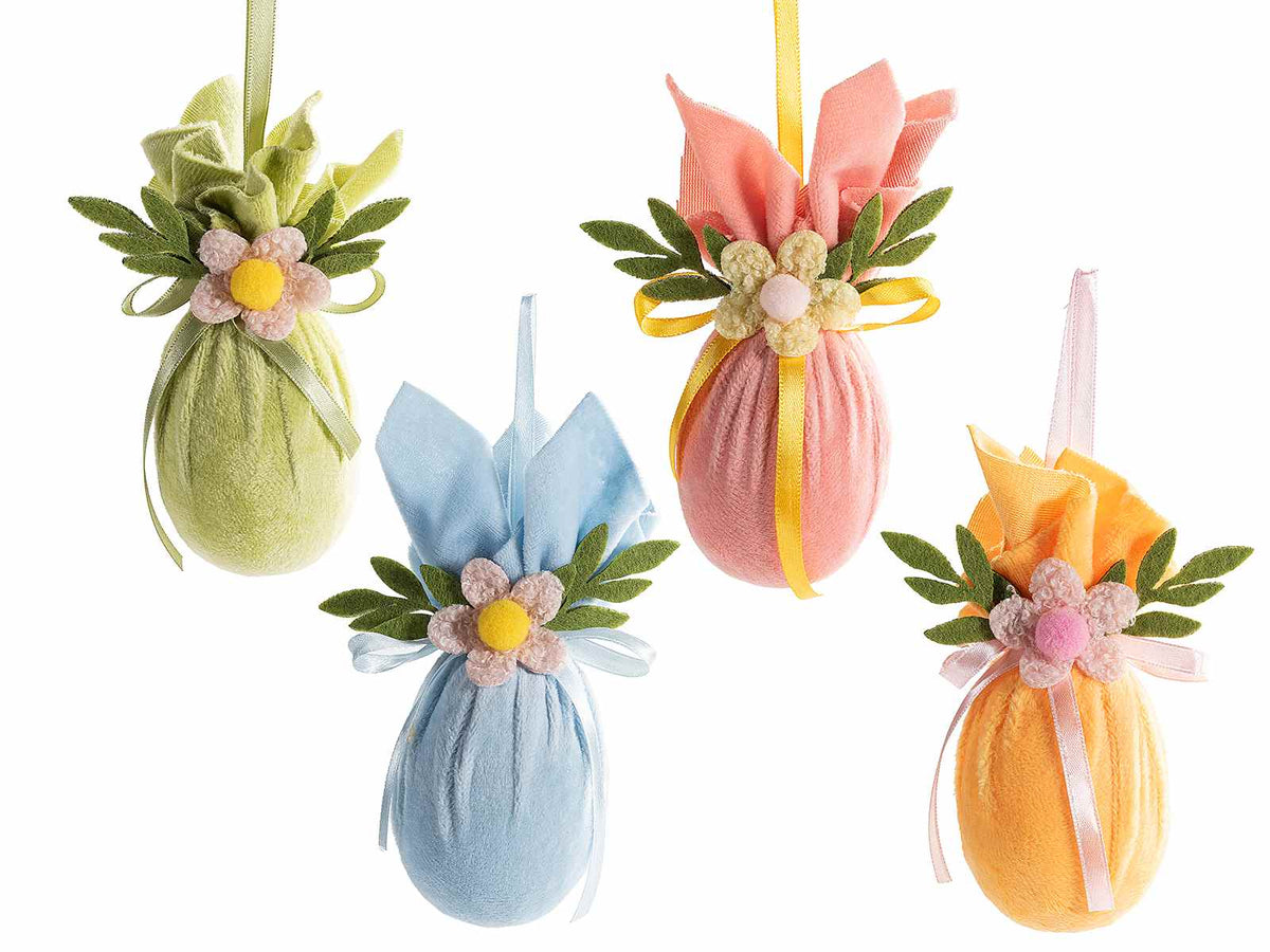 Uova di Pasqua rivestite in vellutino colorato con fiocchetto e fiore, set da 32 pezzi, Ø 5,5 cm x 13 H