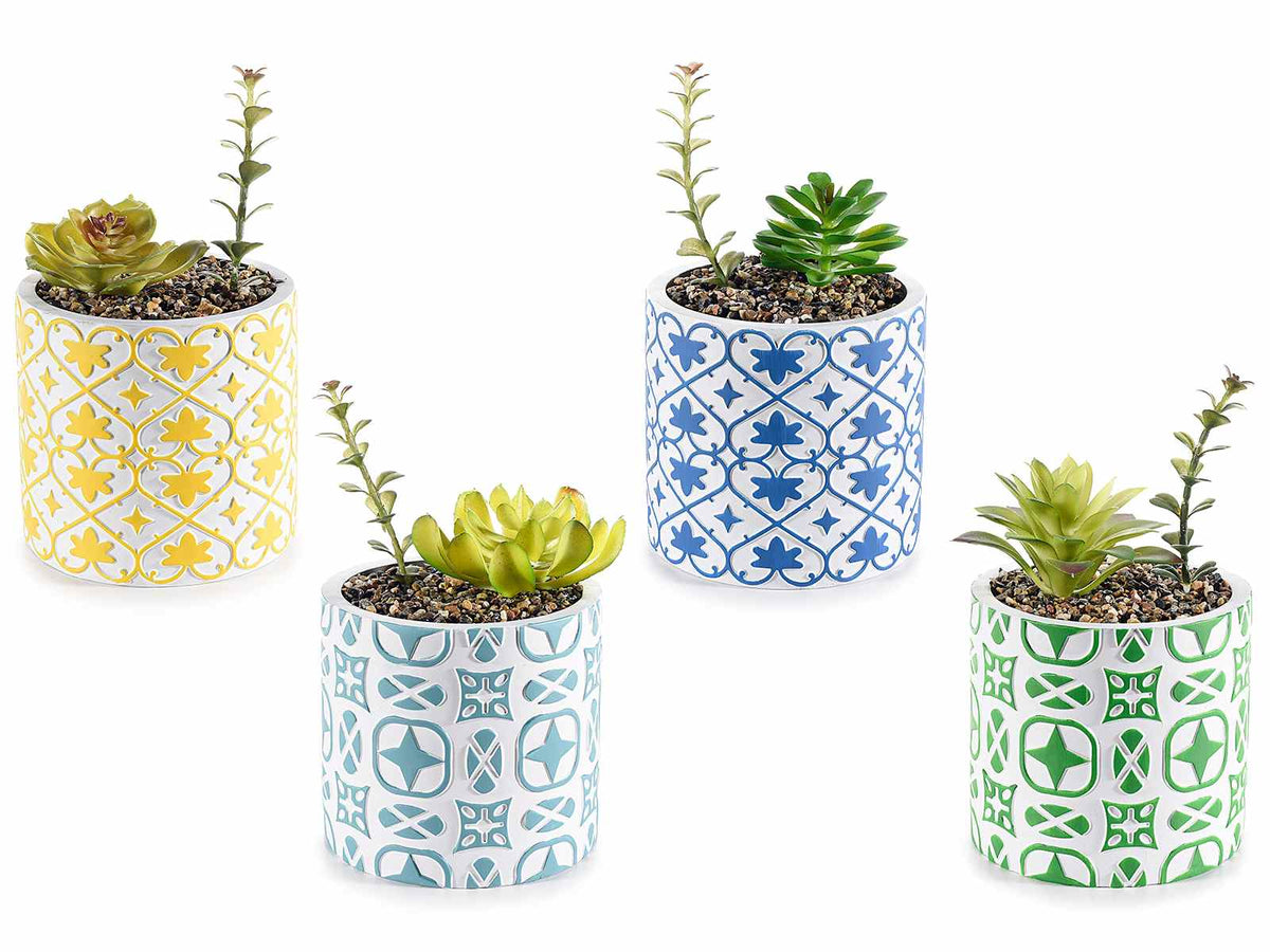 Piante artificiali in vaso cemento con decorazioni maiolica, set da 4 pezzi, Ø 11 cm x 19 H
