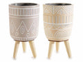 Vasi tribali in cemento decorato con treppiede in legno, set da 6 pezzi, Ø 10,5 cm x 18,5 H
