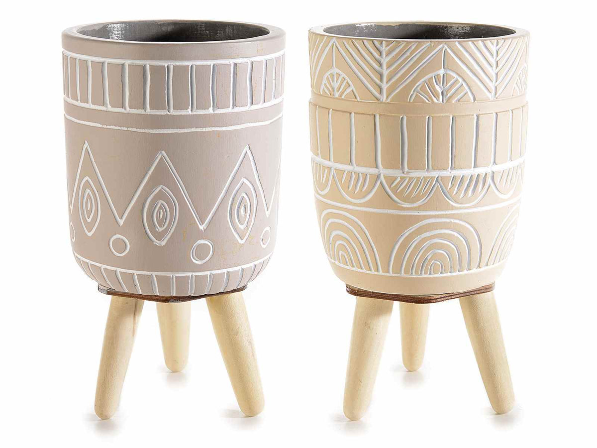 Vasi tribali in cemento decorato con treppiede in legno, set da 6 pezzi, Ø 10,5 cm x 18,5 H