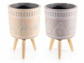 Vasi tribali in cemento decorato con treppiede in legno, set da 2 pezzi, Ø 13,5 cm x 21 H