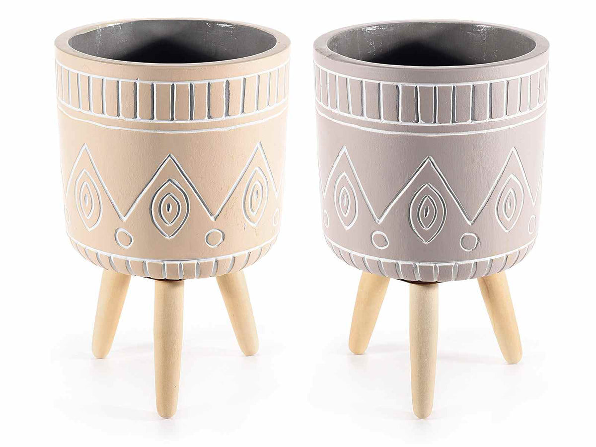 Vasi tribali in cemento decorato con treppiede in legno, set da 2 pezzi, Ø 13,5 cm x 21 H