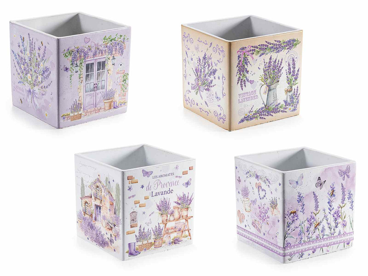 Vasi in cemento con decori Lavanda, set da 4 pezzi, cm 14 x 14 x 14 H