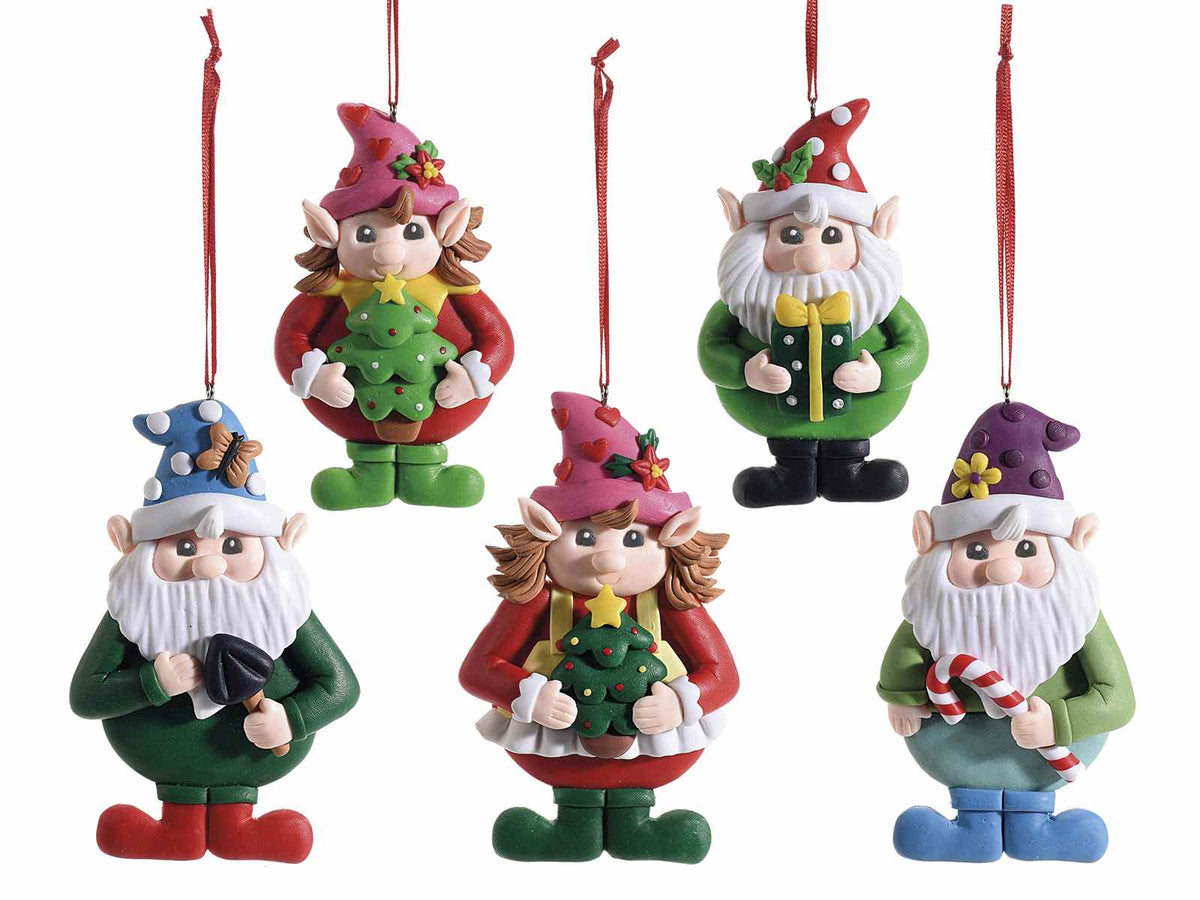 Set di 10 decoro per albero ad Elfo di Babbo Natale in pasta di resina colorata da appendere, cm 7 x 12 H