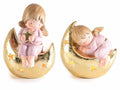 Angioletti bimba in terracotta su luna dorata con stelline e luci LED, set da 2 pezzi, cm 14,5 x 11 x 20 H