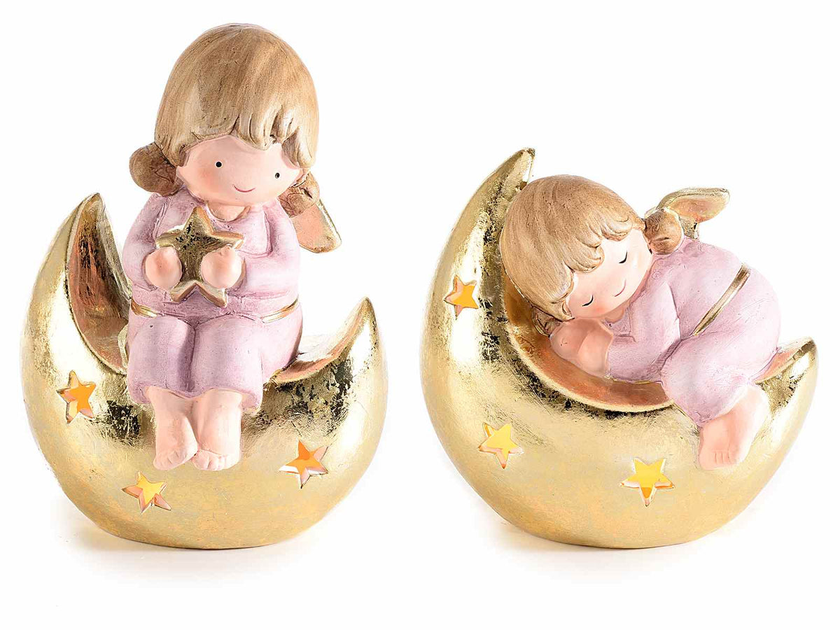 Angioletti bimba in terracotta su luna dorata con stelline e luci LED, set da 2 pezzi, cm 14,5 x 11 x 20 H