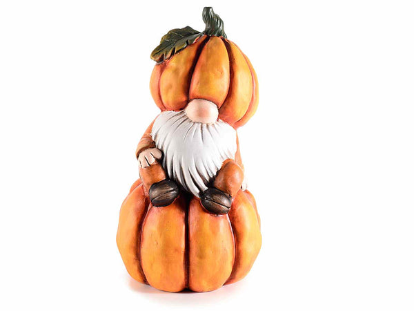 Gnometti autunnali decorativi in terracotta su zucca con cappello a zucca, set da 2 pezzi, cm 13,5 x 11 x 24,5 H