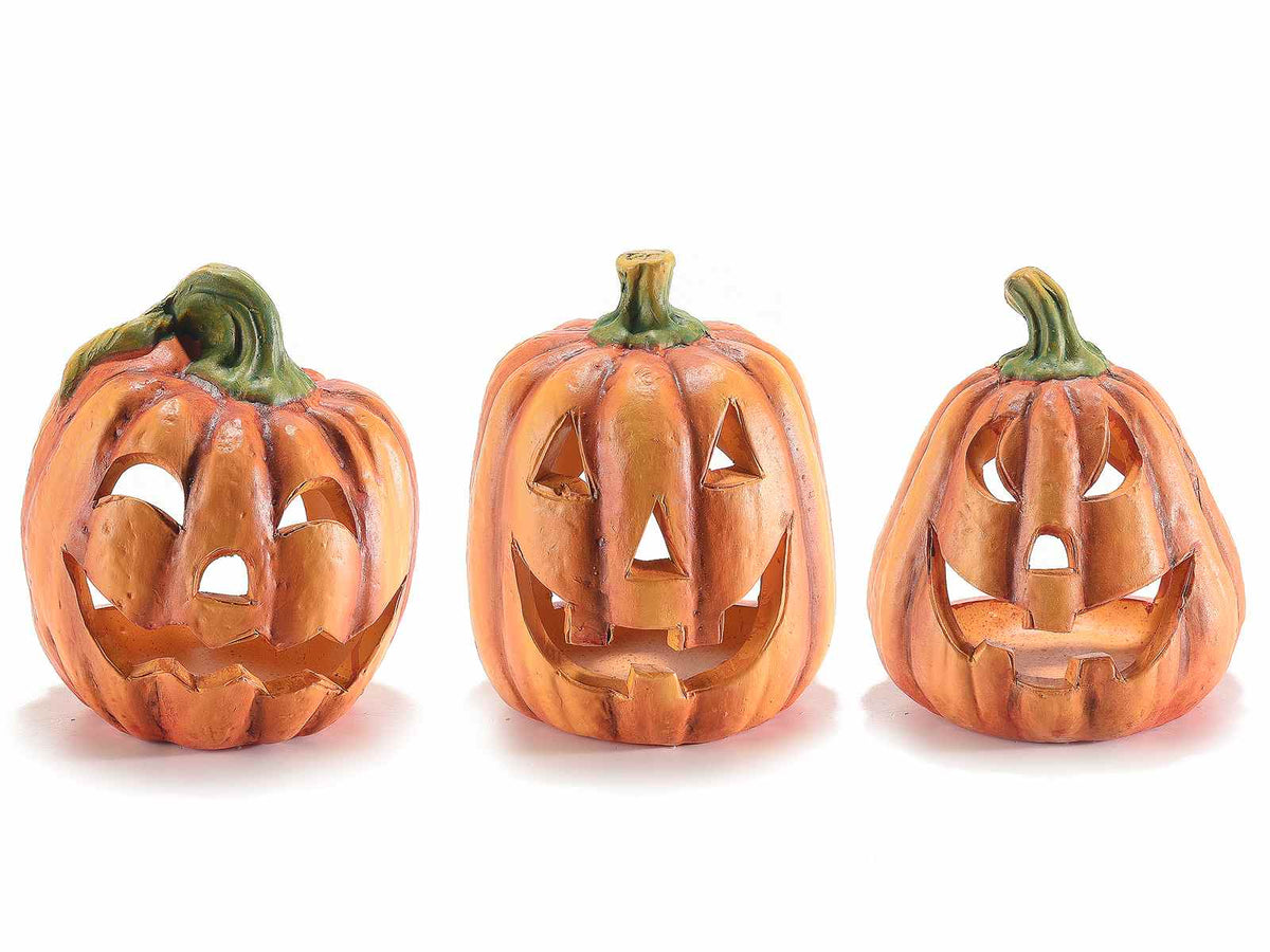 Zucche di Halloween portacandela tealight in terracotta colorata, set da 6 pezzi, Ø 9 cm x 11 H