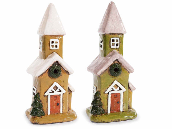 Set di 2 chiesette per villaggio natalizio con portacandela tealight terracotta e dettagli lucidi, cm 10,5 x 8,5 x 23,5 H