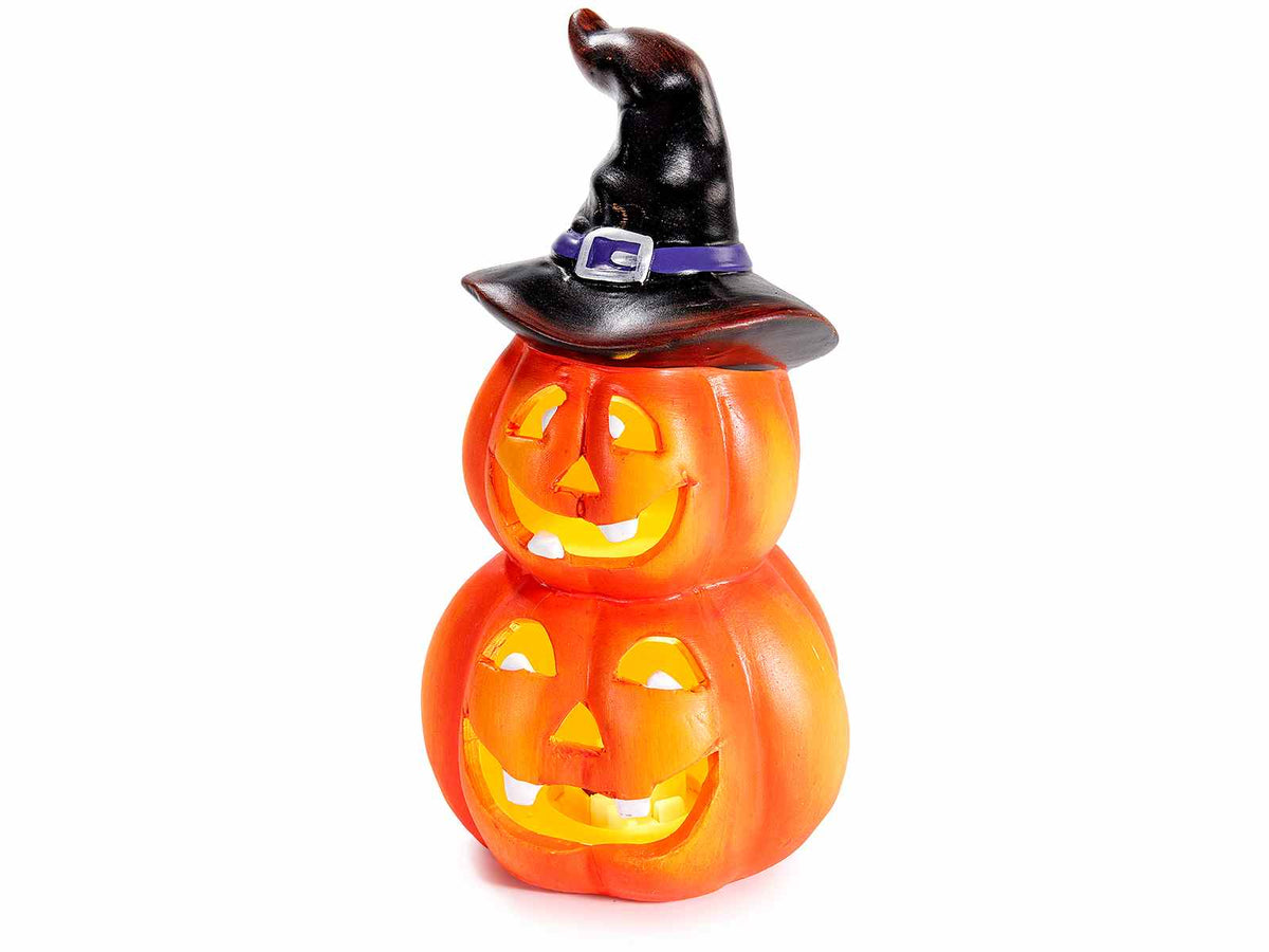 Zucche luminose di Halloween impilate con cappello da strega e LED, realizzate, set da 4 pezzi, Ø 8,5 cm x 16,5 H