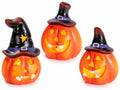 Zucche luminose di Halloween in terracotta colorata con luci LED e cappello, set da 6 pezzi, Ø 6 cm x 10 H