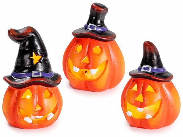 Zucche luminose di Halloween in terracotta colorata con luci LED e cappello, set da 6 pezzi, Ø 6 cm x 10 H