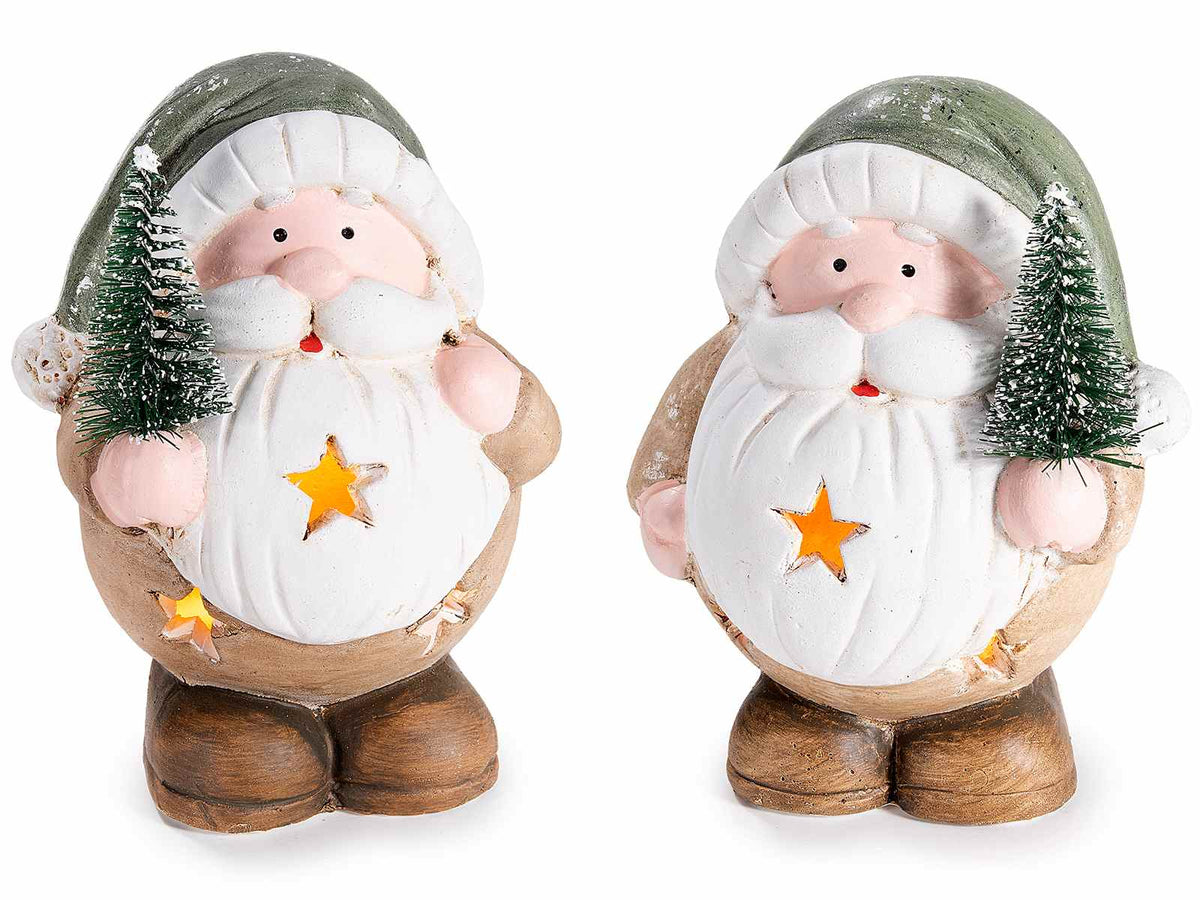 Decoro natalizio con luci LED a Babbo Natale in terracotta colorata, set da 4 pezzi, cm 9 x 7 x 11,5 H