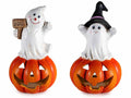 Fantasmini decorativi di Halloween su zucca portacandela tealight in terracotta, set da 2 pezzi, cm 9 x 8 x 14 H