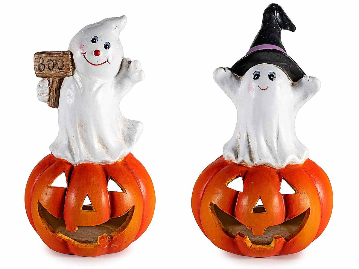 Fantasmini decorativi di Halloween su zucca portacandela tealight in terracotta, set da 2 pezzi, cm 9 x 8 x 14 H