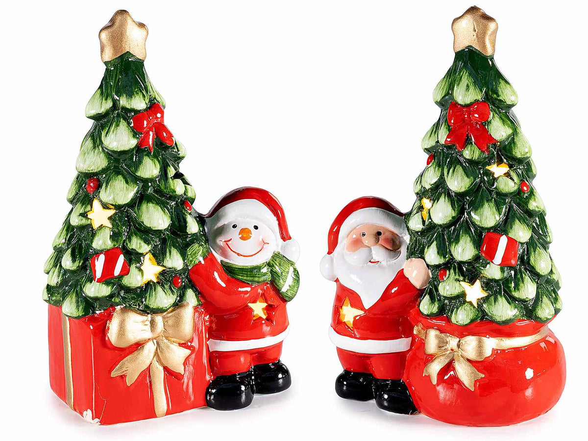 Alberi in terracotta con Babbo Natale e pupazzo di neve con luci LED, set da 2 pezzi, cm 8 x 5,5 x 13,5 H