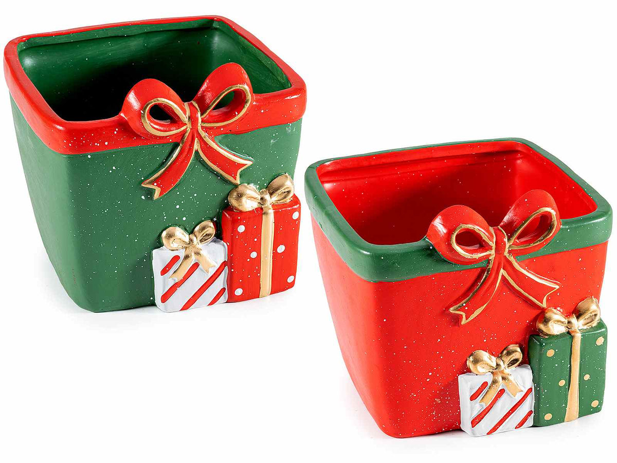 Vasi natalizi in terracotta colorata a pacchetto regalo con decori in rilievo, set da 2 pezzi, cm 14 x 14,5 x 13 H