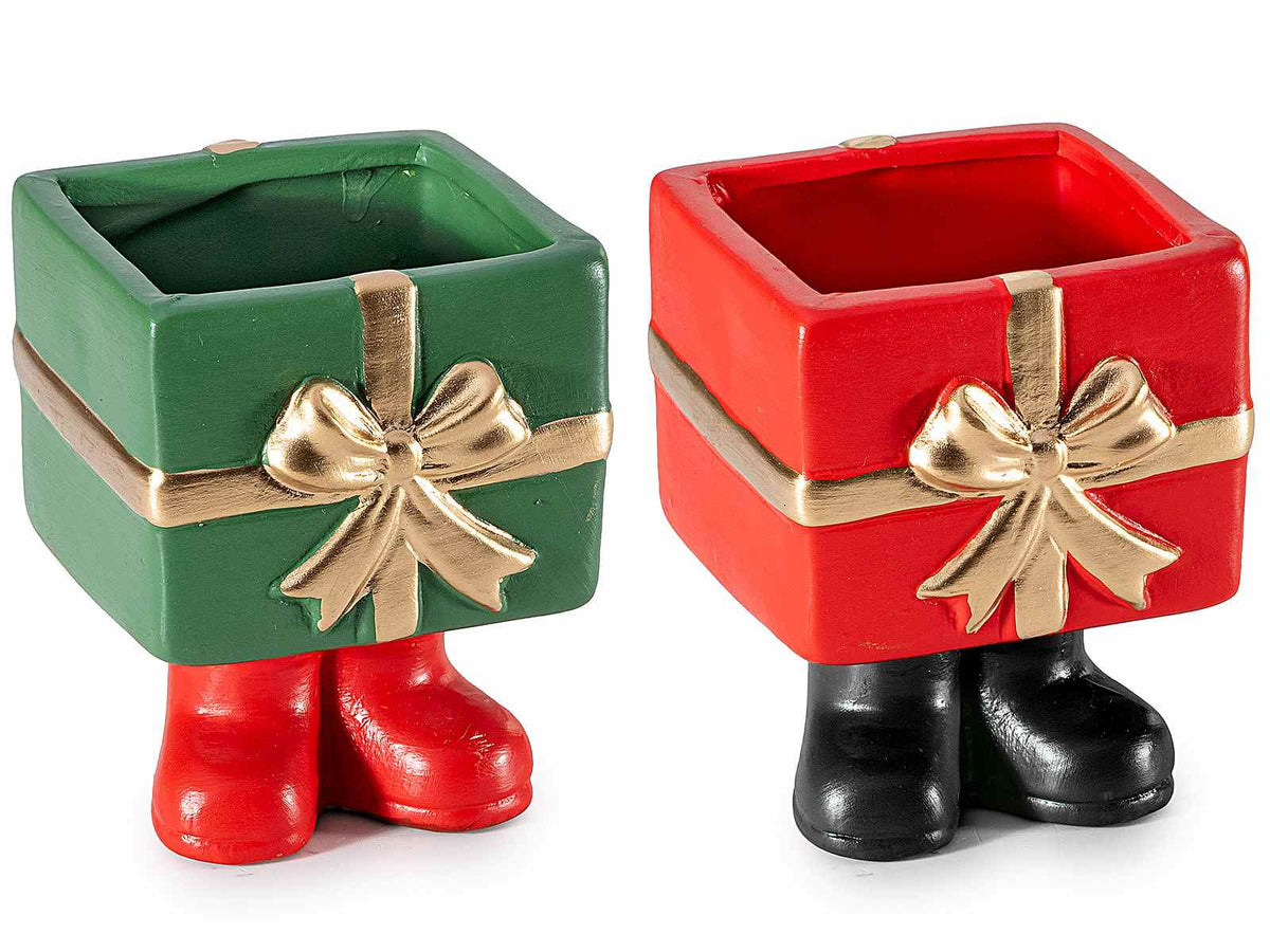 Vasi di Natale in terracotta colorata a pacchetto regalo con piedini, set da 4 pezzi, cm 7,5 x 8 x 9,5 H