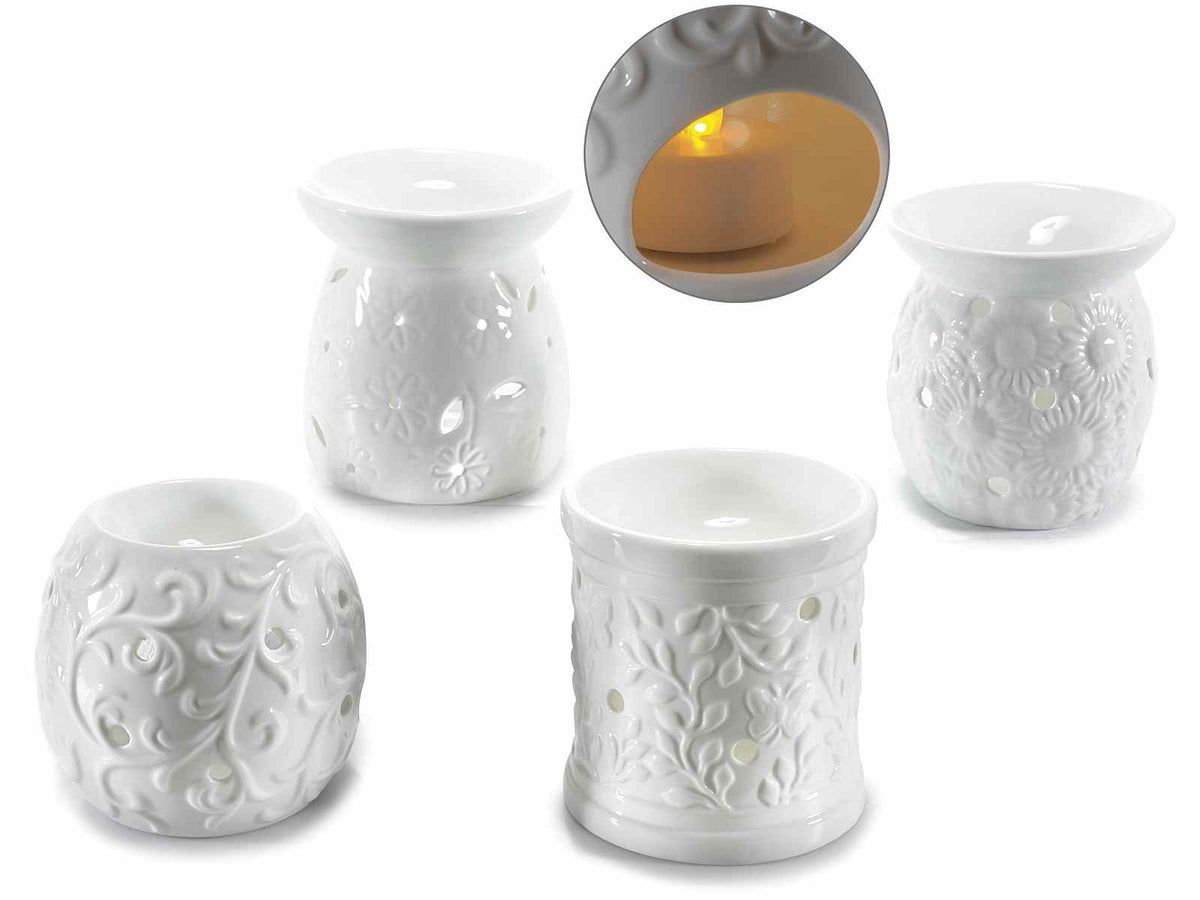 Brucia essenza in ceramica bianca con decorazioni floreali in rilievo, set da 4 pezzi, Ø 9 cm x 9,5 H