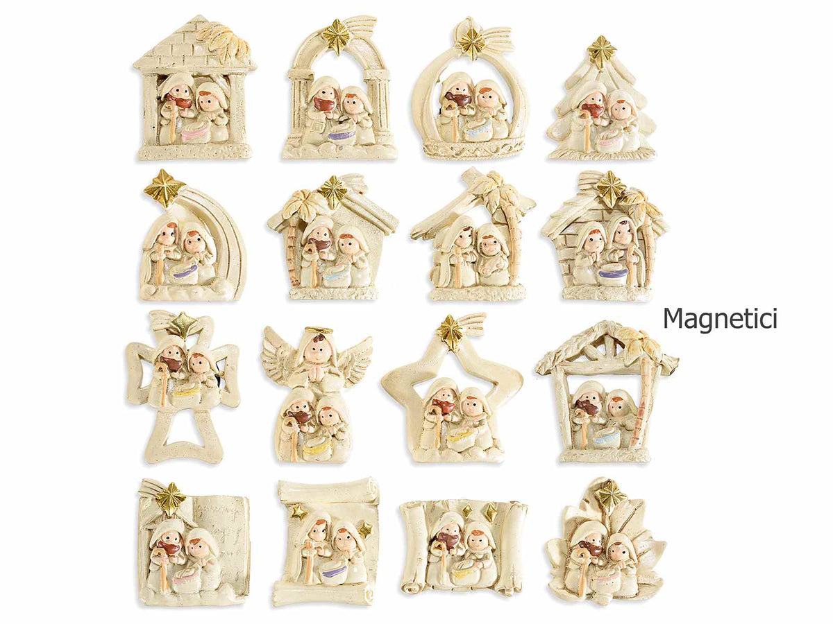 Presepe magnetico in resina colorata con Sacra Famiglia e dettagli dorati, set da 16 pezzi, cm 3,5 x 4,5 H