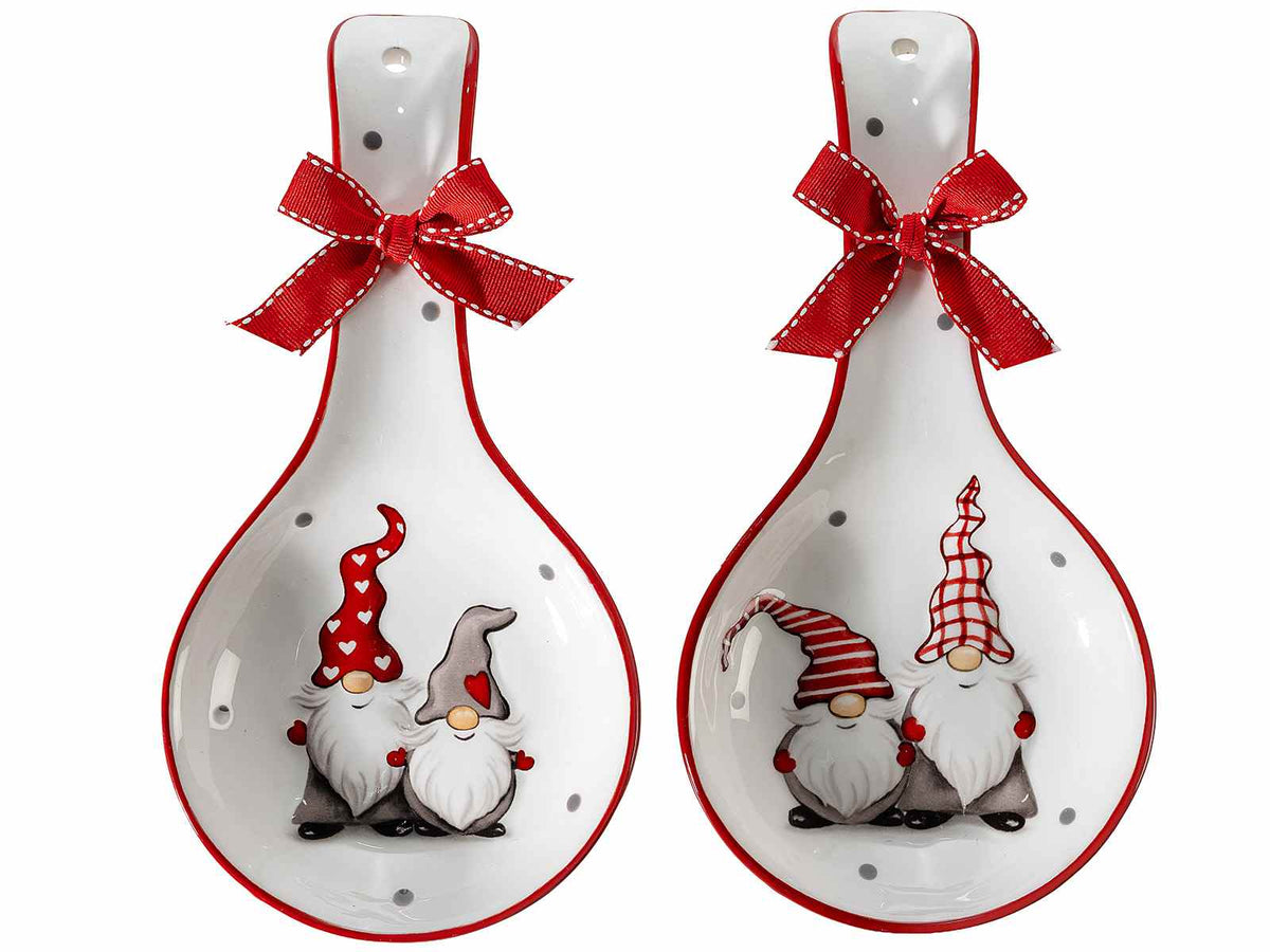Poggiamestolo natalizio in ceramica con decoro Babbo Natale in rilievo e fiocco, set da 4 pezzi, cm 12 x 23,5 H